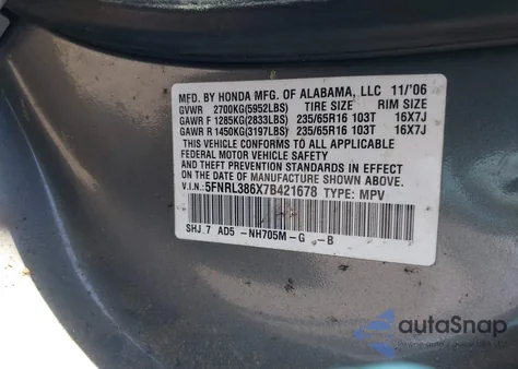 2007 Honda Odyssey Ex-L from USA, damaged, VIN 5FNRL386X7B421678